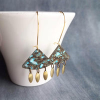 Turquoise Patina Chandelier Earrings, gold oval drops, boho dangle earring, triangle chandelier, wedge earring, sector chandelier blue green - Constant Baubling