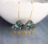 Turquoise Patina Chandelier Earrings, gold oval drops, boho dangle earring, triangle chandelier, wedge earring, sector chandelier blue green - Constant Baubling