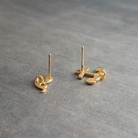 Whale Anchor Studs, tiny anchor earrings, small whale stud, nautical earring, mismatched earring, matte gold earring, sterling silver posts - Constant Baubling