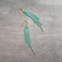 Long Chain Earrings, tassel earring, curb chain earring, blue earring, teal earring, turquoise earring, colored chain, chain fringe earring - Constant Baubling