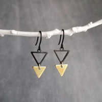 Small Triangle Earrings, black gold earring, matte black earring, double triangle earrings, triangle outline earring, black triangle outline - Constant Baubling