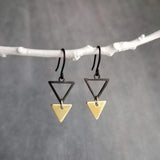Small Triangle Earrings, black gold earring, matte black earring, double triangle earrings, triangle outline earring, black triangle outline - Constant Baubling