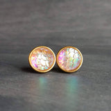 Gold Mermaid Earring, small round studs, gold hypoallergenic studs, rainbow fish earring, fish scale earring, gold opal earring, gold studs - Constant Baubling