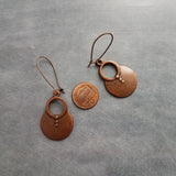 Large Copper Dangle Earrings, oxidized copper earrings, rustic earrings, antique copper earrings, copper boho earring, round, kidney hook - Constant Baubling