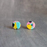Multicolor Small Round Stud Earrings, hypoallergenic earring, colorful stud, post earring, 80s earring, splatter color turquoise pink yellow - Constant Baubling