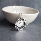 Baseball Necklace, silver baseball mom necklace, personalized necklace, initial letter number pendant, player coach team mom game fan gift - Constant Baubling