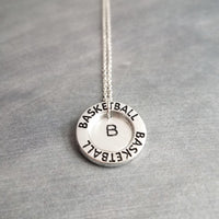 Basketball Necklace, silver basketball pendant, initial disk, team mom necklace, number pendant, game coach player fan gift, personalized - Constant Baubling