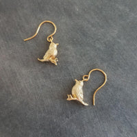 Baby Bird Earrings, tiny gold birds, gold chick earring, chick jewelry, chickadee charms, small bird dangles, spring earring, Easter gift - Constant Baubling