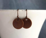 Copper Disk Earrings, round copper dangle earring, antique copper earring, small flat disk earring, lightweight copper earring, aged copper - Constant Baubling