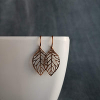 Copper Leaf Earrings, small copper leaves, little copper earring, antique copper filigree earring, cut out leaf earring, fall earring autumn - Constant Baubling