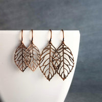 Copper Leaf Earrings, small copper leaves, little copper earring, antique copper filigree earring, cut out leaf earring, fall earring autumn - Constant Baubling