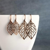 Copper Filigree Earrings, antique copper leaf earring, small copper leaves, little copper earring, cut out leaf earring, fall earring autumn - Constant Baubling