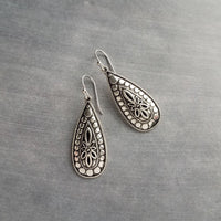 Silver Teardrop Earring, silver boho earring, antique silver dangle, ornate silver drop, tear drop earring, narrow drop earring, elongated - Constant Baubling