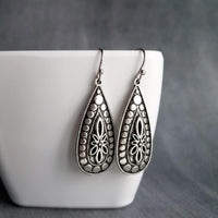 Silver Teardrop Earring, silver boho earring, antique silver dangle, ornate silver drop, tear drop earring, narrow drop earring, elongated - Constant Baubling