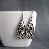 Silver Teardrop Earring, silver boho earring, antique silver dangle, ornate silver drop, tear drop earring, narrow drop earring, elongated - Constant Baubling