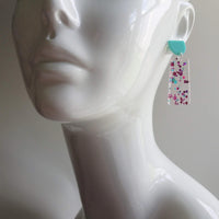 Chunky 80s Earrings, aqua blue stud, turquoise earring, clear acrylic earring, metallic dots magenta polka dot hot pink dots big lightweight - Constant Baubling