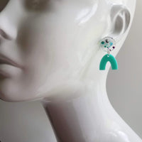 Stripe Dangle Earrings, 80s earring, aqua blue dangle, chunky earring, vintage 80s style, bright color earring, round colorful stripe arch u - Constant Baubling