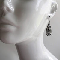 Silver Teardrop Earring, silver boho earring, antique silver dangle, ornate silver drop, tear drop earring, narrow drop earring, elongated - Constant Baubling