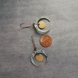 Patina Crescent Moon Earrings, verdigris patina earring, moon phase earring, antique brass disk earring, bronze earring latching kidney hook - Constant Baubling
