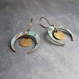 Patina Crescent Moon Earrings, verdigris patina earring, moon phase earring, antique brass disk earring, bronze earring latching kidney hook - Constant Baubling