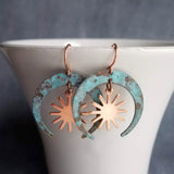 Patina Copper Earrings, bright copper earring, copper sun earring, verdigris patina earring, crescent earring, copper dangle, turquoise blue - Constant Baubling