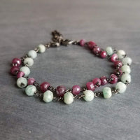 Pink Stone Bracelet, tiny purple stone bracelet, fuchsia stone bracelet, ruby moonstone gemstone bracelet, gunmetal chain, small stone chain - Constant Baubling