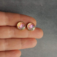 Gold Mermaid Earring, small round studs, gold hypoallergenic studs, rainbow fish earring, fish scale earring, gold opal earring, gold studs - Constant Baubling