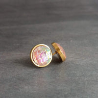 Gold Mermaid Earring, small round studs, gold hypoallergenic studs, rainbow fish earring, fish scale earring, gold opal earring, gold studs - Constant Baubling