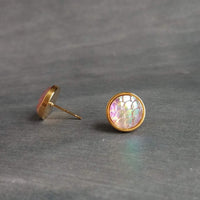 Gold Mermaid Earring, small round studs, gold hypoallergenic studs, rainbow fish earring, fish scale earring, gold opal earring, gold studs - Constant Baubling