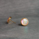 Gold Mermaid Earring, small round studs, gold hypoallergenic studs, rainbow fish earring, fish scale earring, gold opal earring, gold studs - Constant Baubling