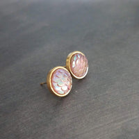 Gold Mermaid Earring, small round studs, gold hypoallergenic studs, rainbow fish earring, fish scale earring, gold opal earring, gold studs - Constant Baubling