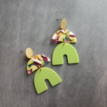 Chunky Geometric Earrings, gold 80s earring, retro earring, vintage earring, jelly candy earring, lime green arch earring, brushed gold stud - Constant Baubling