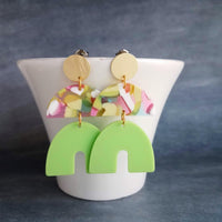Chunky Geometric Earrings, gold 80s earring, retro earring, vintage earring, jelly candy earring, lime green arch earring, brushed gold stud - Constant Baubling