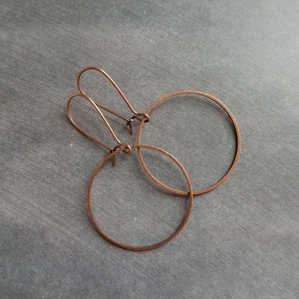 Antique Copper Circle Earrings, copper hoop earring, oxidized copper earring, thin copper ring, delicate copper earring, large lightweight - Constant Baubling