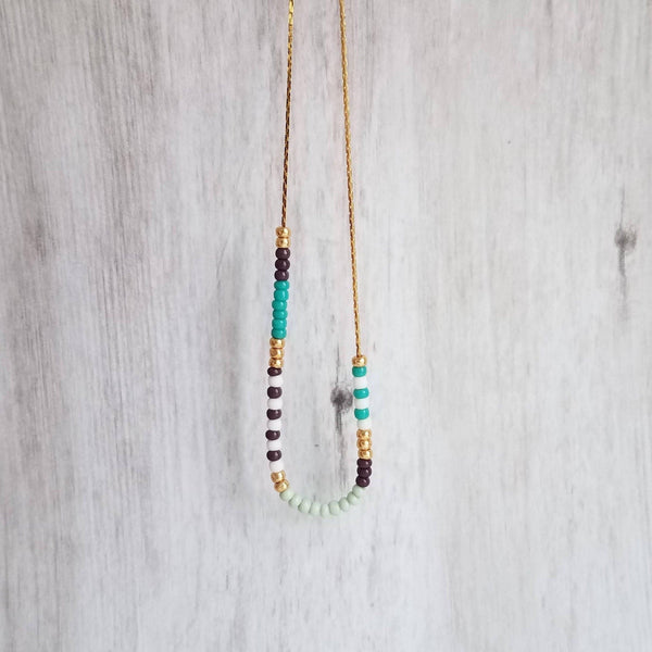 Seed Bead Necklace, color block necklace, beaded chain, thin gold chain, aqua mint purple turquoise, colorful delicate necklace, tiny bead - Constant Baubling