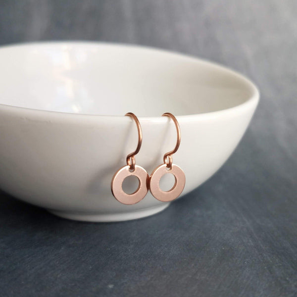 Small Copper Circle Earrings, donut earring, copper washer earring, round copper earring, rose gold circle earring simple copper flat copper - Constant Baubling