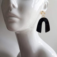 Large Chunky 80s Earrings, large black earring, retro earring, vintage style earring, black acrylic arch, plastic u shape clear gold earring - Constant Baubling