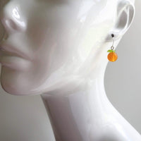 Orange Fruit Earring, citrus earrings, silver orange earrings, hostess gift, orange with leaf earrings, little orange, small frosted glass - Constant Baubling