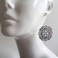 Silver Medallion Earrings, large silver earring, bold silver earrings, Moroccan earrings, filigree cut out, Boho earrings, round statement - Constant Baubling