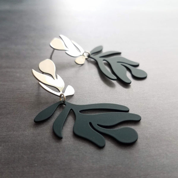 Dark Teal Earrings, monstera leaf earring, stormy grey earring, blue gray earring, large dangle earring rubber earring tropical leaf earring - Constant Baubling