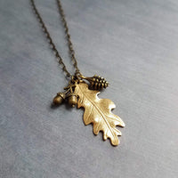 Fall Necklace, oak necklace, oak tree necklace, gold leaf pendant, pine cone charm, acorn charm, bronze chain, antique brass, autumn jewelry - Constant Baubling