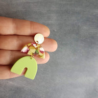 Chunky Geometric Earrings, gold 80s earring, retro earring, vintage earring, jelly candy earring, lime green arch earring, brushed gold stud - Constant Baubling