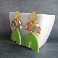 Chunky Geometric Earrings, gold 80s earring, retro earring, vintage earring, jelly candy earring, lime green arch earring, brushed gold stud - Constant Baubling