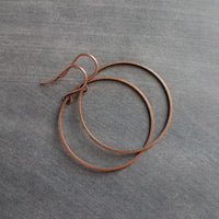 Copper Hoop Earrings, antique copper circle earring, oxidized copper earring, thin copper ring, delicate copper earring, large lightweight - Constant Baubling