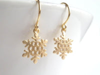 Little Snowflake Earrings - gold plated small flakes with intricate detail on simple gold ear hooks - Cold Winter Weather Christmas holiday - Constant Baubling