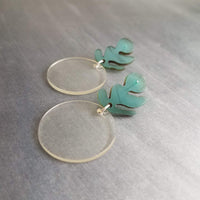 Chunky Acrylic Earrings, 80s style earring, clear plastic earring, vintage earring, clear round dangle, teal earring, large earring, leaf - Constant Baubling