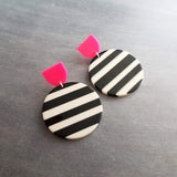 Black White Stripe Earrings, neon pink earrings, large 80s Earrings, chunky earring, retro earring, vintage style earring, round semicircle - Constant Baubling