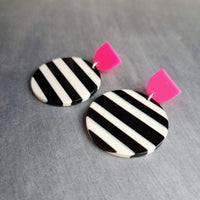 Black White Stripe Earrings, neon pink earrings, large 80s Earrings, chunky earring, retro earring, vintage style earring, round semicircle - Constant Baubling