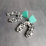 Black White Turquoise Earrings, chunky earrings, 80s earrings, pony print, black white dot earring, U shape earring, acrylic dangle, plastic - Constant Baubling