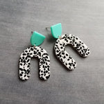 Black White Turquoise Earrings, chunky earrings, 80s earrings, pony print, black white dot earring, U shape earring, acrylic dangle, plastic - Constant Baubling